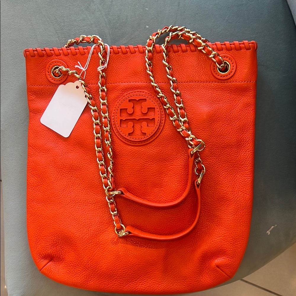 Tory Burch Orange Leather Chain-Handle Tote